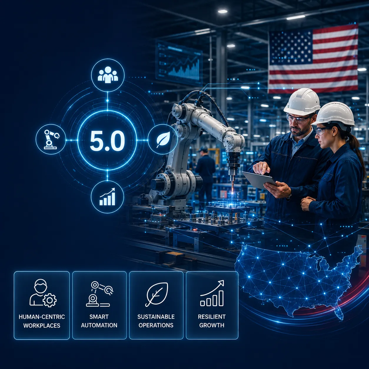Industry 5.0 manufacturing graphic showing two factory workers using a tablet beside an industrial robot in a modern U.S. factory, with a central ‘5.0’ digital interface, an American flag, a connected U.S. map, and four highlighted themes: Human-Centric Workplaces, Smart Automation, Sustainable Operations, and Resilient Growth.