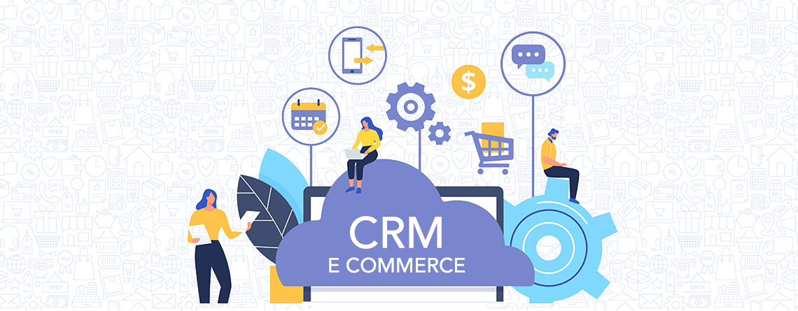  A cartoon images of men and women with central text being'CRM ecommerce' 